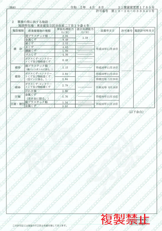 産業廃棄物処分業許可証（東京都）［裏面］